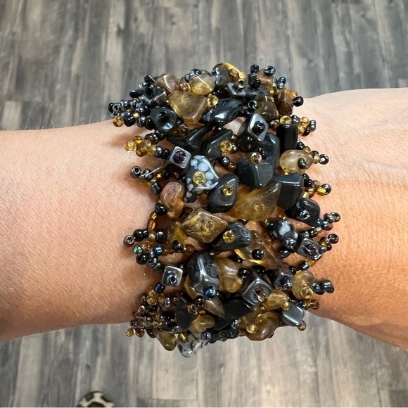 Beaded and Stones Wide Cuff Chunky Adjustable bracelet. - Picture 3 of 9